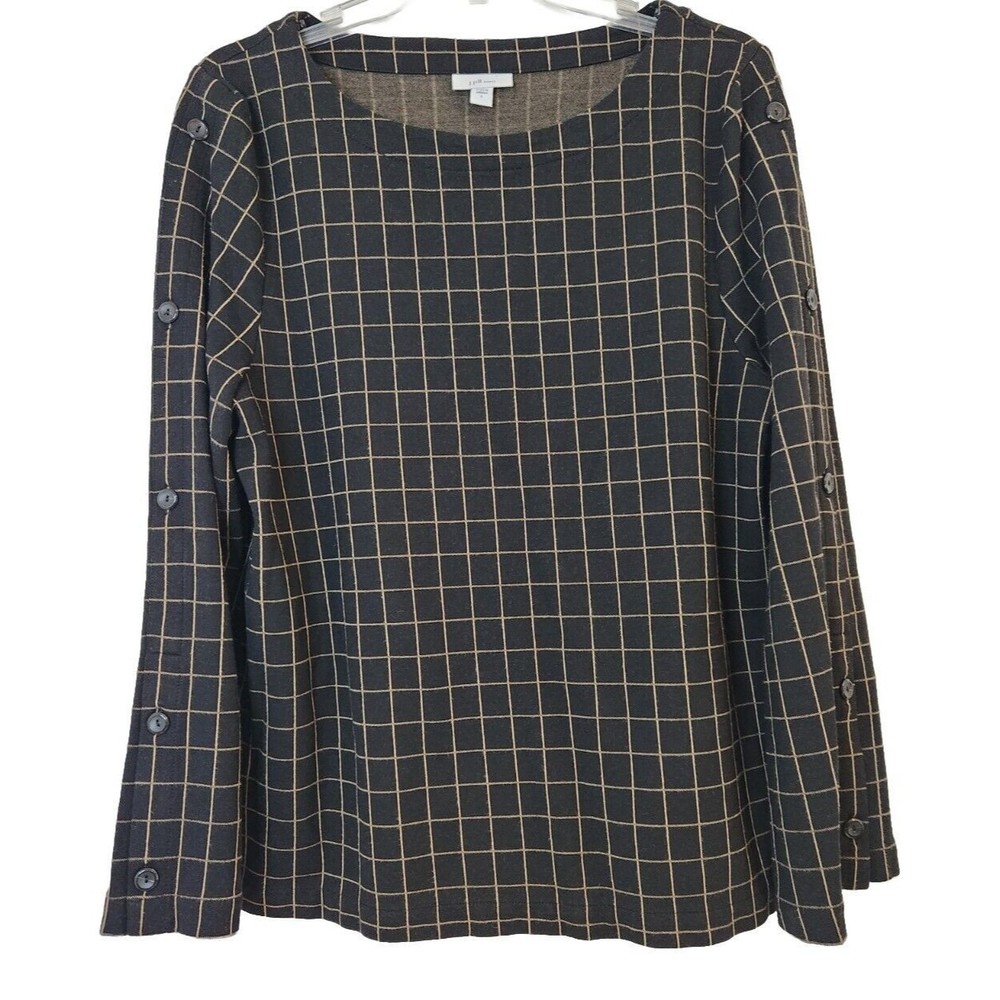 J JILL PONTE Black Gold Check Button Sleeve Blouse Women's Size Large